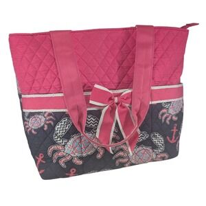 N GIL Quilted Tote Bag Pink Navy Blue Nautical Crab Anchor Bow Shoulder Bag